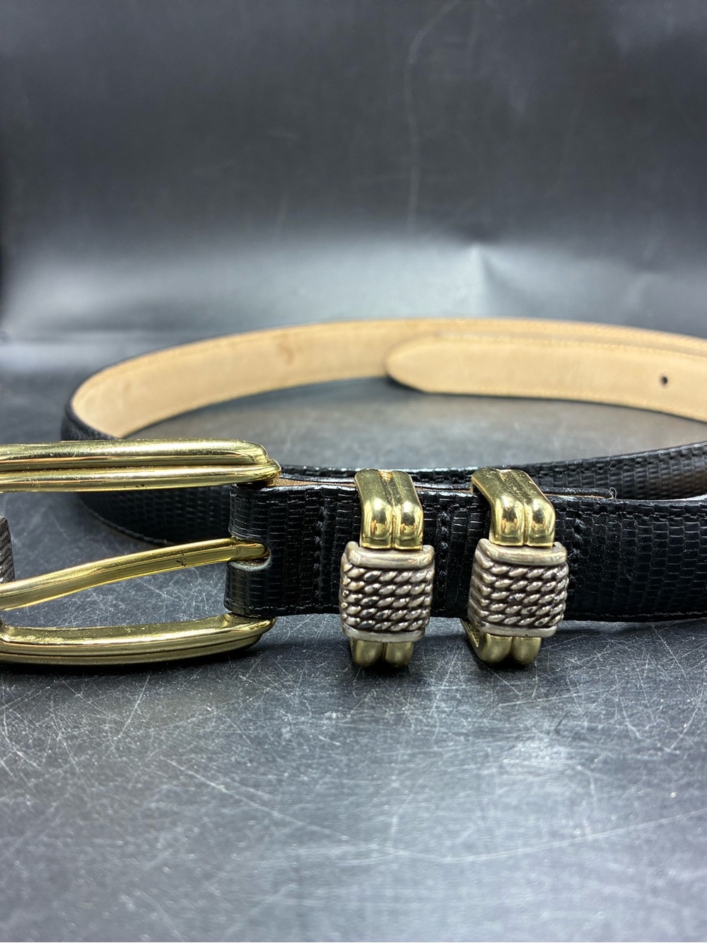 Brighton Black Leather-Textured Belt with Brass and silverBuckle and Accents L34
